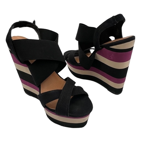 Madden Girl Black Purple Cappe Slingback Platform Wedge Sandals Size 7 Women’s - Picture 1 of 10